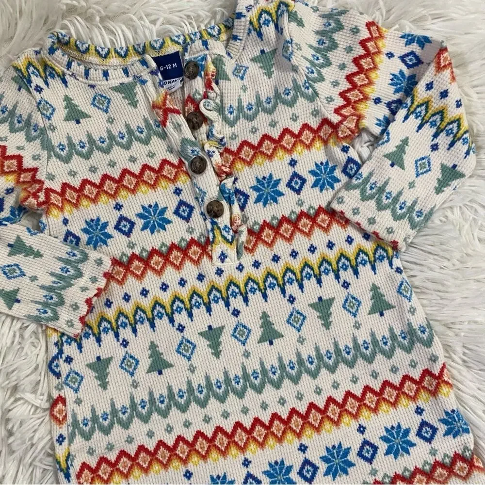 OLD NAVY • Winter Fair Isle Thermal Waffle Knit Ruffle Trim Romper Sleeper